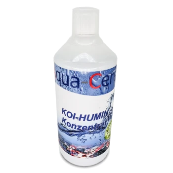 Flasche Aqua-Cera Koi-Humin Konzentrat, mit einem wasserbezogenen Design und Text in deutscher Sprache, geeignet für die Pflege von Koi-Teichen.