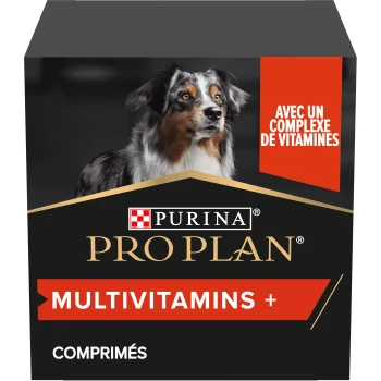 Emballage de Purina Pro Plan Multivitamines + présentant un gros plan d'un chien, avec du texte mettant en avant 'Avec un complexe de vitamines' et 'Comprimés.'
