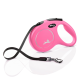 A pink retractable dog leash with a black strap and a silver clip, featuring a silhouette of a dog and the text "Made in Germany."