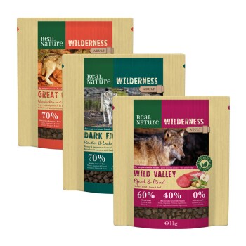 REAL NATURE WILDERNESS Adult Probierpaket 3x1kg Paket 5, Pferd, Kaninchen, Rentier