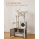 2-in-1 Katzenhaus mit einer weißen Katze auf der oberen Plattform und einer orangefarbenen Katze im unteren Bereich neben der Katzentoilette.