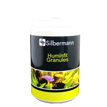 Behälter mit Silbermann Huminfits Granulat für Fische, 1000 ml, mit bunten Fischen und Wasserpflanzen auf dem Etikett.