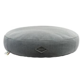 Hundekissen Zermatt hellgrau Runder, grauer Haustierbett mit einem strukturierten Stoff und einem Jeggo-Logo an der Seite, entworfen für Komfort und Stil.