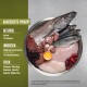 Een metalen kom gevuld met rauw vlees, vis, eierdooier en bessen. Vermelde ingrediënten zijn kip, kalkoen, haring, snoek en makreel.