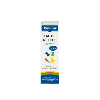 Canina Haut-Pflege Spray Schachtel, weiß mit bunten Haustiersilhouetten; Text: „HAUT-PFLEGE SPRAY“, „MIT SILBER“, „FÜR ALLE HEIM- & HAUSTIERE“.