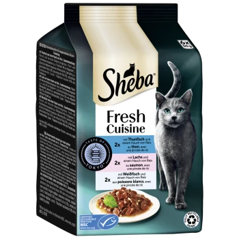 Sheba Fresh Cuisine Katzenfutterverpackung mit einer grauen Katzensilhouette und Geschmäckern: Thunfisch, Lachs und Weißfisch, plus einer Serviervorschlag.