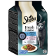 Sheba Fresh Cuisine Katzenfutterverpackung mit einer grauen Katzensilhouette und Geschmäckern: Thunfisch, Lachs und Weißfisch, plus einer Serviervorschlag.