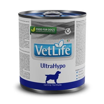 Dose mit VetLife UltraHypo Hundefutter, mit einem blauen Etikett mit der Silhouette eines Hundes, das anzeigt, dass es sich um eine Hundeformel für spezielle Ernährungsbedürfnisse handelt.