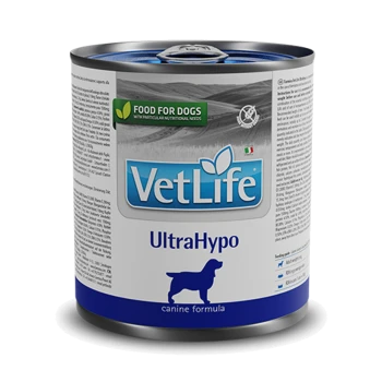 Boîte de nourriture pour chien VetLife UltraHypo, avec une étiquette bleue et une silhouette de chien, indiquant qu'il s'agit d'une formule canine pour des besoins nutritionnels spéciaux.