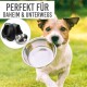 Ein Hund mit einer Edelstahlschüssel im Mund, neben einer schwarzen Futterstation. Text: "Perfekt für Zuhause & Unterwegs."