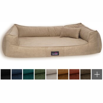 Beige plüschige Haustierbett mit erhöhten Seiten, kleinem Kissen und "tierlando" Logo. Erhältlich in Schwarz, Blau, Teal, Grün, Grau, Braun und Rost.
