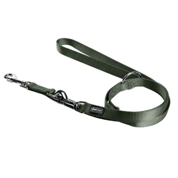 Grüne Nylon-Hundeleine mit einem Metallclip und Ring, mit einem "AntiOne"-Logoschild.