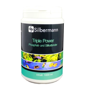 Behälter mit 'Silbermann Triple Power' Aquarienbehandlung, 1000 ml, mit bunten aquatischen Bildern und Text in deutscher Sprache.
