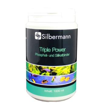 Behälter mit 'Silbermann Triple Power' Aquarienbehandlung, 1000 ml, mit bunten aquatischen Bildern und Text in deutscher Sprache.