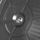 Nahaufnahme des Innenraums einer grauen Haustierfutterschüssel, mit einem strukturierten Design und einem zentralen metallischen Befestigungspunkt.