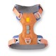 Hundegeschirr in Orange und Blau, mit verstellbaren Riemen und einem metallenen D-Ring zur Leinenbefestigung.