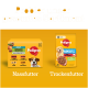 Pedigree erwachsenes Hundefutter in Nass- und Trockenvarianten mit Rind, Lamm, Leber, Huhn und Pute auf orangefarbenem Hintergrund.