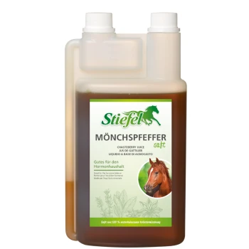 Flasche mit Stiefel Mönchspfeffer Saft für Pferde, beschriftet als "Gut für das hormonelle Gleichgewicht," mit einem Pferdebild und Kräutergrafiken.