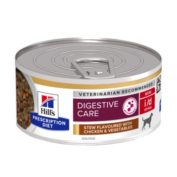 Hill's Prescription Diet Dosen-Hundefutter, beschriftet mit "Digestive Care," mit Eintopfgeschmack von Huhn und Gemüse, vom Tierarzt empfohlen.