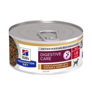 Hill's Prescription Diet blikvoer voor honden, gelabeld 'Digestive Care', met stoofpot op smaak met kip en groenten, aanbevolen door dierenartsen.