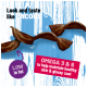 Bacon-look pet chew on blue wood background with text: "Look and taste like BACON!", "LOW in fat", "OMEGA 3 & 6 to help maintain healthy skin & glossy coat"