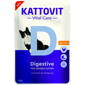 Kattovit Vital Care Digestive Katzenfutterbeutel, 'für sensible Katzen', mit Huhn, 85 g, schwarz-weiße Katze, die hervorlugt