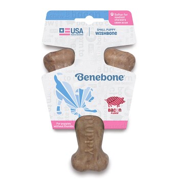 BeneBone Small Puppy Wishbone in bacon flavor, designed for puppies under 30 lbs, featuring a playful dog graphic and text.