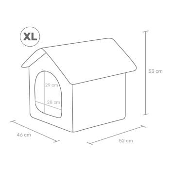 Illustration eines XL-Tierhauses mit beschrifteten Abmessungen: 53 cm Höhe, 52 cm Breite, 46 cm Länge und Türmaße von 29 cm und 28 cm.