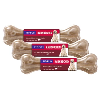 Drei Kaustangen beschriftet mit "FIT+FUN KAUKNOCHEN" mit einem Hundebild und mehrsprachigem Text: "Os à mâcher / Osso da masticare / Chew Bone."