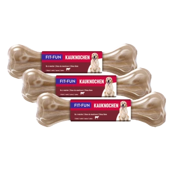 Drei Kaustangen beschriftet mit "FIT+FUN KAUKNOCHEN" mit einem Hundebild und mehrsprachigem Text: "Os à mâcher / Osso da masticare / Chew Bone."