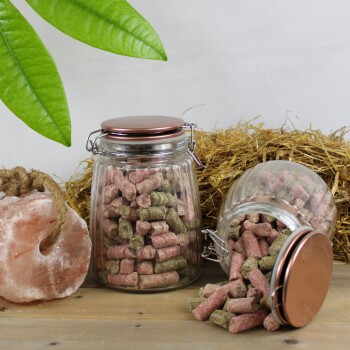 Glasbehälter mit rosa und grünen Tierpellets, einer stehend und einer verschüttet auf Holz, mit Heu, Salzstein und Blättern