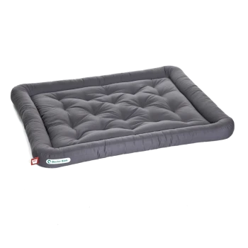 Graues Haustierbett mit gepolstertem Design und erhöhten Rändern, mit einem Etikett, das 'Doctor Bark' liest.