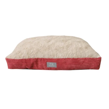 A plush pet bed with a soft cream top and a textured red striped border, featuring a gray label that reads "Beddies."