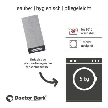 Graue Haustierdecke mit "Doctor Bark"-Logo, beschriftet als waschbar bis 95°C, trocknergeeignet und leicht zu reinigen.