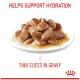 Plate of thin pet food slices in gravy; text "HELPS SUPPORT HYDRATION" above, "THIN SLICES IN GRAVY" below, small crown logo
