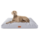 Ein hellgraues Hundebett mit einem braunen Lederetikett mit einem Hundesilhouette, belegt von einem entspannten tanfarbenen Hund, der darauf liegt.