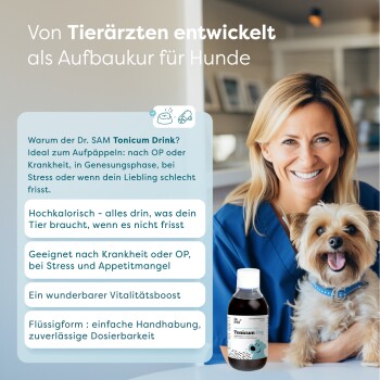 Vom Tierarzt entwickelter Dr. SAM Tonicum Drink für Hunde, hochkalorische Unterstützung zur Erholung bei Stress, Krankheit oder Appetitlosigkeit.