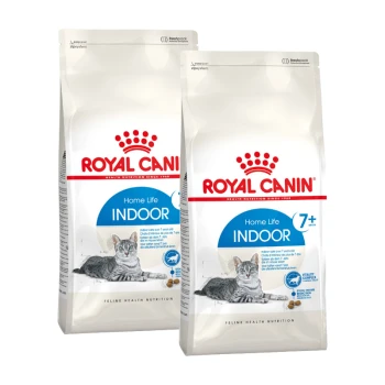 Zwei Beutel Royal Canin Katzenfutter mit der Aufschrift "Home Life INDOOR" für Katzen ab 7 Jahren, mit einer grauen getigerten Katze auf der Verpackung.