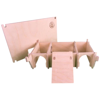 Holzspielhaus-Kit für Haustiere mit mehreren Fächern und offenem Dach, mit einer glatten Oberfläche und ausgeschnittenen Bögen.