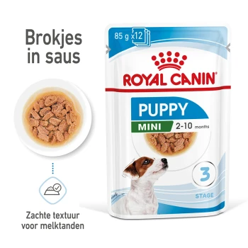 Royal Canin Puppy Mini natvoer zakje, 85g x 12, met zachte stukjes in saus, geschikt voor puppy's van 2-10 maanden.