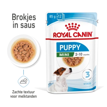 Royal Canin Puppy Mini natvoer zakje, 85g x 12, met zachte stukjes in saus, geschikt voor puppy's van 2-10 maanden.