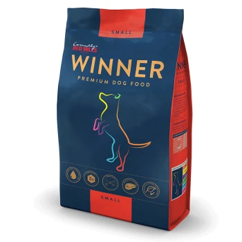 A bag of "Winner" premium dog food for small breeds, featuring a colorful silhouette of a dog and icons for ingredients like water and zinc.
