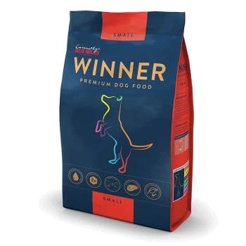 A bag of "Winner" premium dog food for small breeds, featuring a colorful silhouette of a dog and icons for ingredients like water and zinc.