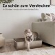 Edelstahl-Tierfutterschale mit feinem grauem Streu, beschriftet mit "Super hygienisch" und "Edelstahlwanne - keimresistent und leicht zu reinigen."