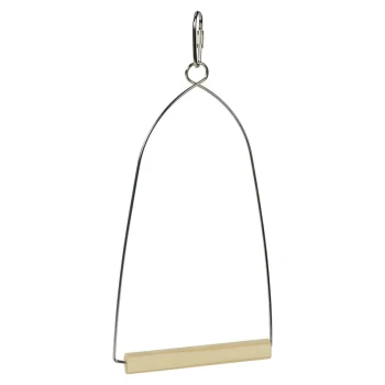 Metal bird perch hanger with a wooden bar, designed for attaching to cages.