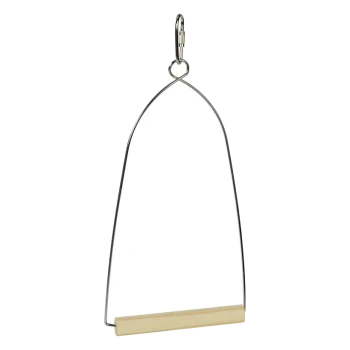 Metal bird perch hanger with a wooden bar, designed for attaching to cages.