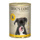 Eine Dose "Dog's Love" Hundefutter mit einem schwarz-weißen Hund, der sich die Lippen leckt, beschriftet mit "90% Huhn", "ohne Getreide" und "Hergestellt in Österreich."