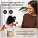 Hund schaut auf einen Löffel natürliche Zahnpflege-Topping für starke Zähne und frischen Atem, mit deutschem Text zu den Vorteilen.