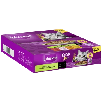 Whiskas Tasty Mix Katzenfutterbox mit einer grauen Katze auf der Vorderseite, beschriftet mit "Chef's Choice" und "Sonderpackung 60."