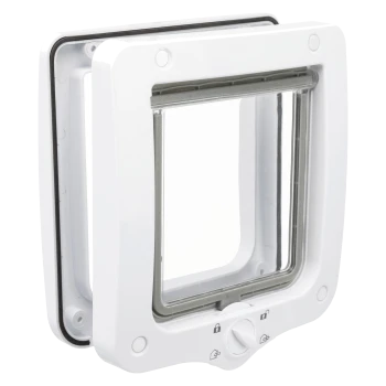 White plastic pet door with transparent swing flap and bottom rotary lock showing lock/unlock icons
